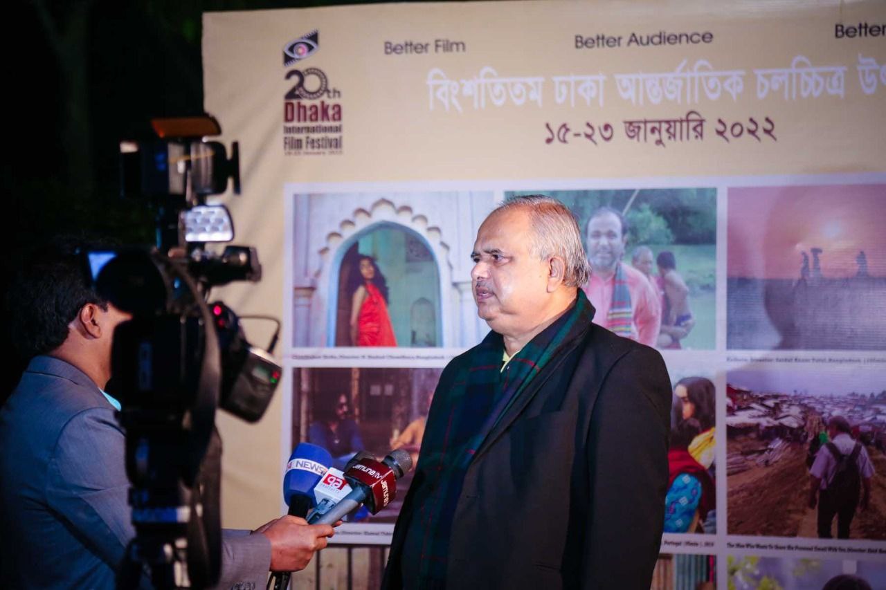 Ahmed Muztaba Zamal is being interviewed at Dhaka IFF 2022